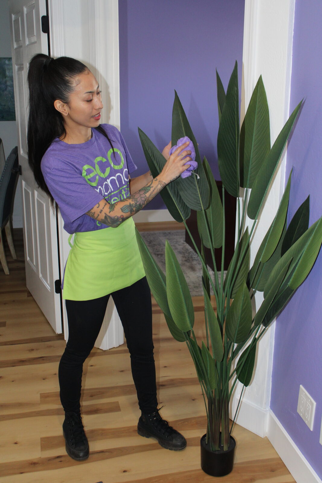 Eco Mama team member cleaning a Scottsdale living room with eco-friendly products