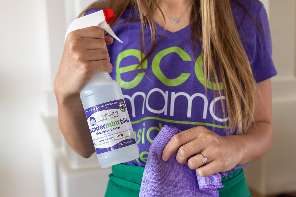 Eco Mama Lavender Mint Bliss all-purpose cleaner and microfiber cloth for a move-in move-out clean