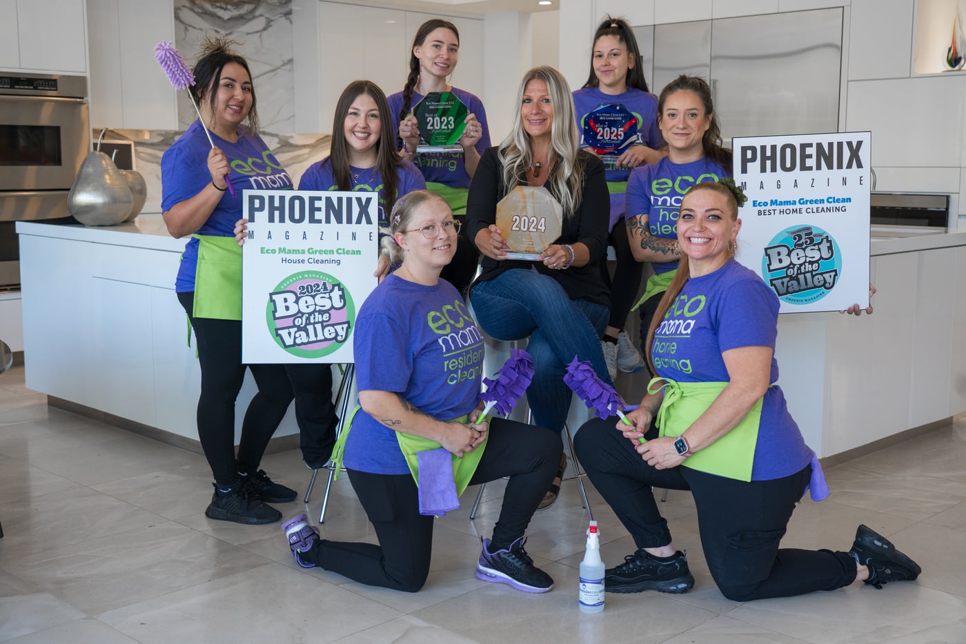 Eco Mama Green Clean team with a friendly dog, pet-safe eco-friendly cleaning in Phoenix